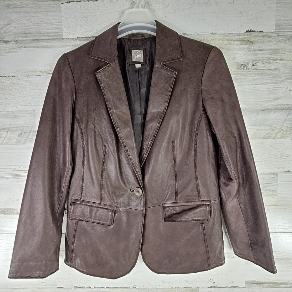 J JILL BROWN LEATHER JACKET WOMEN'S SIZE MEDIUM BUTTON AND FLAP POCKETS *STAINS*